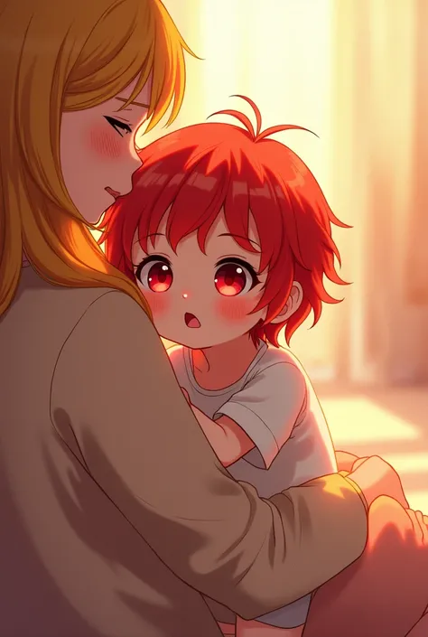 red hair, red eyes, baby, sitting on someone&#39;s lap with yellow hair, anime, boy 