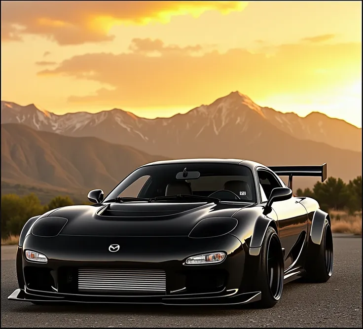 Captured at eye-level, a black Custom racing RX-7 sports car is parked on a gravel road. The car is facing the viewer, and the front of the car is adorned with a silver grille, flanked by two white headlights on either side of the grille. In the background...