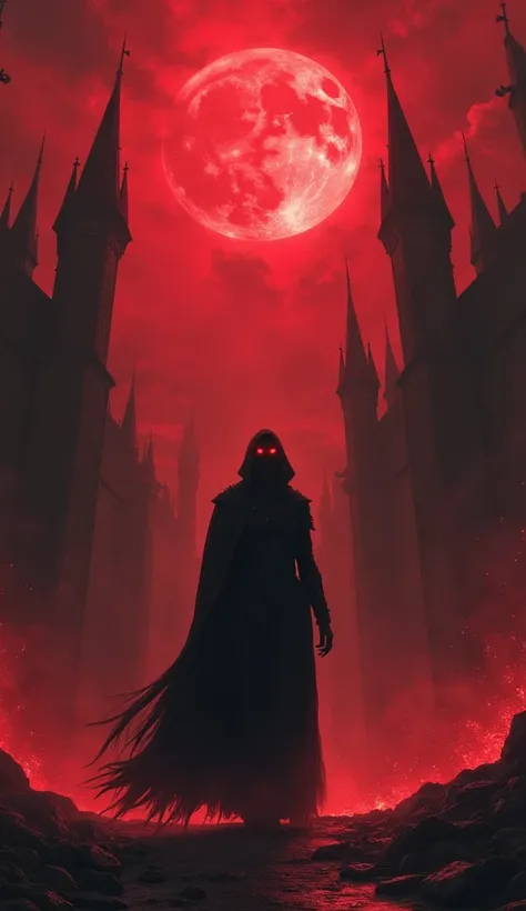 Design a dark and intense Story image that embodies the ominous and theatrical energy of March of Mephisto by Kamelot. The scene should feature a shadowy, gothic landscape with towering, crumbling castle walls under a blood-red sky. In the foreground, a si...