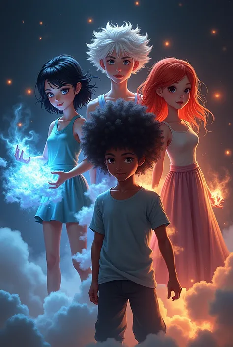 A dark background with four people, two girls, two boys, one girl with cloud ability, another with black and white hair, a darker, red-haired boy, and the other with an afro. 
