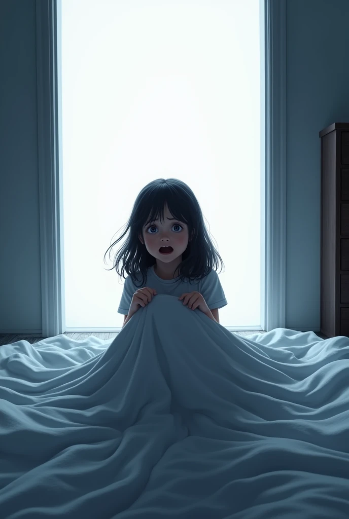 Create an image with a white background that conveys terror and represents a girl from the previous image who woke up startled by a sudden cold that filled her room. Looking towards the half-open door, He saw a dark shadow moving slowly towards his bed. 