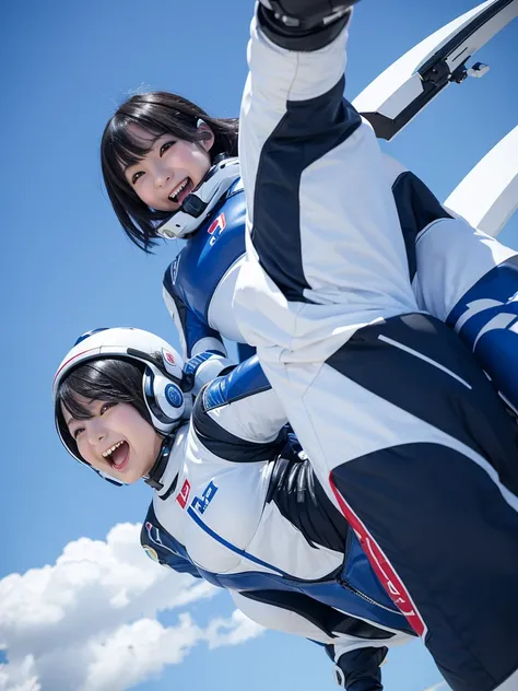 Japanese female android,Black Hair,Plump,A little thick,White and blue robot suit,Robotic arms and legs,sky diving,Laugh with your mouth wide open,