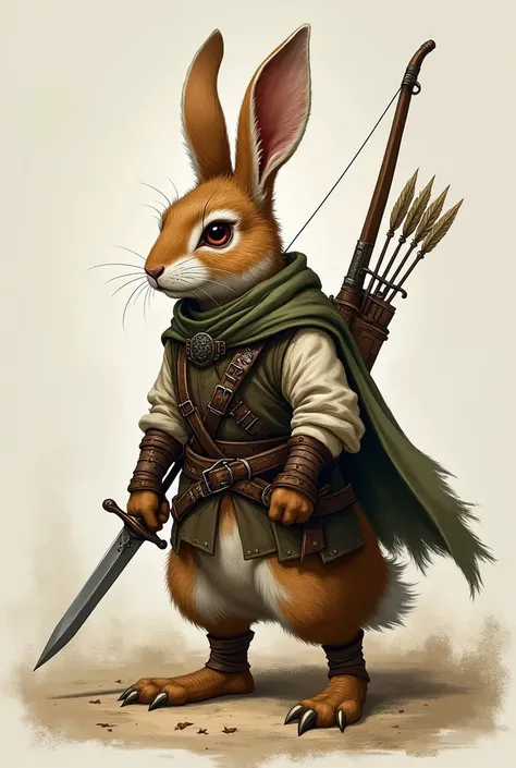 Brown and white humanoid rabbit, with clothes from the Middle Ages, little, with a scar on his eye, and an injured ear, He also has a long bow on his back along with his arrows and a dagger in his hand. (realistic drawing)

