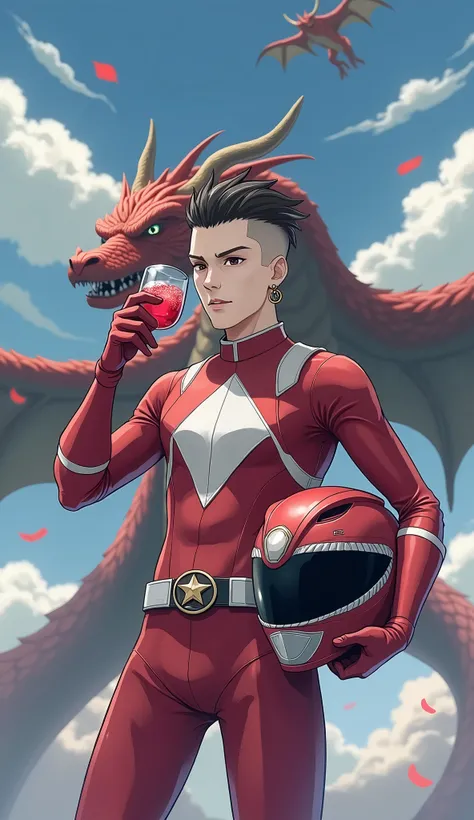 white boy, Shaved dark brown hair, drinking red gin, left earring, holding the red capricorn helmet, body skinny, Red Power Ranger Armor, red dragon flying in the background, Anime style shitzu dog mascot