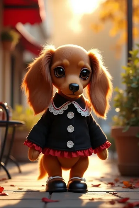 masterpiece　Highest quality　high resolution　8k　Little　Miniature Dachshund Girl Doll　Mimicry　The stuffed animal&#39;s ears are shiny and fluffy with long hair that flutters in the wind.　The face is long　A serious expression　The collar is a stand-up collar w...