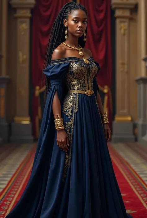 a medieval black princess with African braids and a navy blue dress and gold accessories 