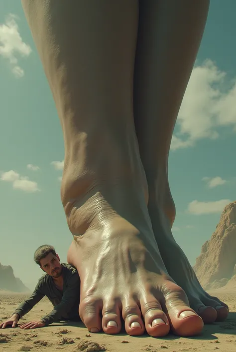 the bare foot of a giant woman crushing a tiny man lying against the ground