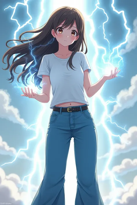 white anime girl brown eyes long wavy brown hair long blue jeans white t-shirt with no logos black boots lightning bolts coming out of her hands

