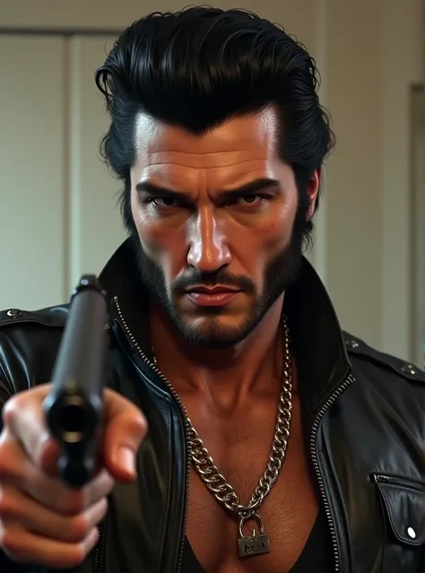 a muscular Elvis Presley lookalike, hyper-realistic portrait, (GTA5 gangster, looking at the viewer, holding a gun, groovy, intricate details), (best quality, 8k, highres, masterpiece:1.2), ultra-detailed, (realistic, photorealistic, photo-realistic:1.37),...