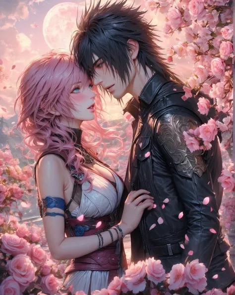 absurdres, highres, ultra detailed, HDR, master piece, Claire Farron, pink short hair, expressive aqua eyes, white dress, Final Fantasy XIII, Noctis Lucis Caelum, black hair, expressive blue eyes, black jacket, Final Fantasy XV, a handsome man together wit...