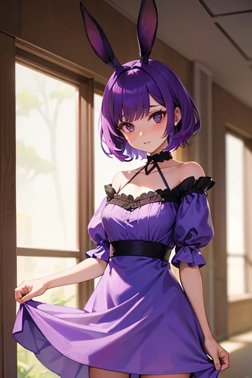 young woman, short purple hair, chifres de jackalope, stylish dress, (work of art, best qualityer), looking ahead at viewer 