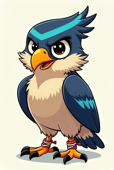 A cartoon mascot of a Caracara with a blue stripe, white and red tied on the forehead and at the end of the paws, giving his best brave look, like a true warrior.