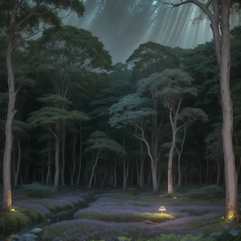 create an enchanting fantasy forest bathed in the soft, ethereal glow of twilight. the towering trees have intricate, twisting b...