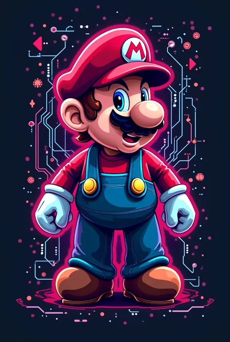 Mario Bros Cyber Security Logo with wires and circuits with the name "Mike Quebec", colorful and ingenious