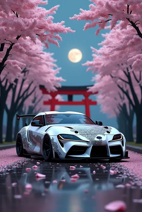 supra mk4 jdm style modified white color with grey dragon coating on it under sakura trees in japan tree leaves shed at night torii gate in the back full moon in the back   