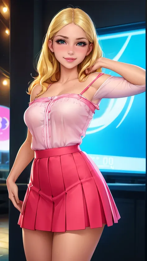 (best quality, ultra-detailed, photorealistic: 1.39), bright and vibrant colors, studio lighting, romantic expression, big breasts, pink lips, shy smile, just a blonde girl in a strap blouse, beautiful pleated skirt, wavy skirt