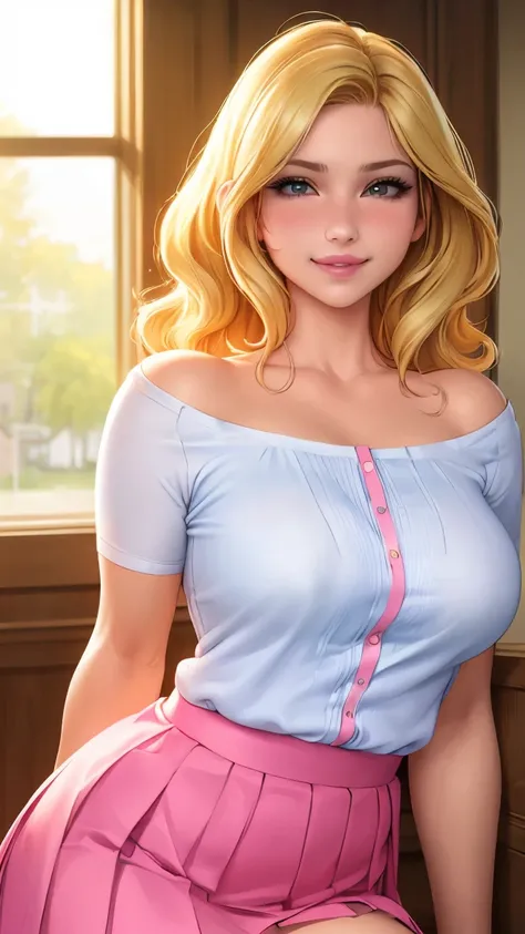 (best quality, ultra-detailed, photorealistic: 1.39), bright and vibrant colors, studio lighting, romantic expression, big breasts, pink lips, shy smile, just a blonde girl in a strap blouse, beautiful pleated skirt, wavy skirt