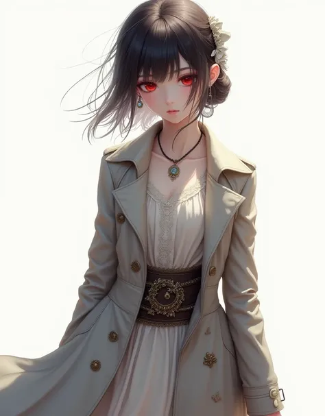 best qualityer,highy detailed,work of art,ultra detali,standing alone,(Delicphie olhos),(white background:1.3),red eyes,standing,beltskirt,[trench cophi:20],jewerly, gazing_phi_viewer, frilled_hair elastic,aretes