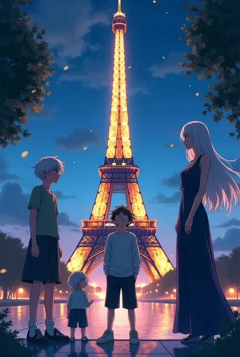 the eiffel tower , at night , anime , A woman , white , light eyes on the right side, an 1 boy , white, green eyes on the left side , A young man of 18 years , white , black fur, light brown eyes in the middle 