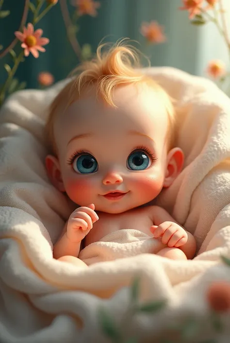 (skinny, cute, Freckled, blue eyes, Wink, baby、Cradle、Small hands, 3D Pixar Cartoon Style, Cinematic, dramatic, masterpiece, Dynamic Views, whole body,