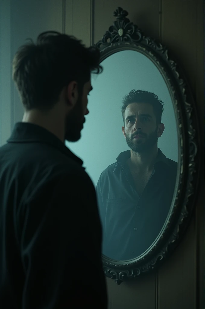 Man looking at himself in the mirror and from the mirror, the image of a ghost woman 