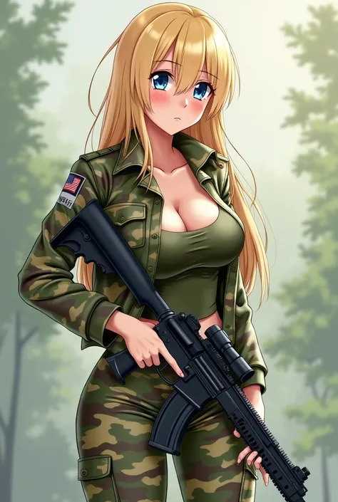 1 young woman, army camouflage attire, blonde hair, blue eyes, vast breasts, big ass, big thighs, full body, holding rifle, flushed cheeks, embarrassed expression, sexy, distant view, full body, tight camouflage pants, anime