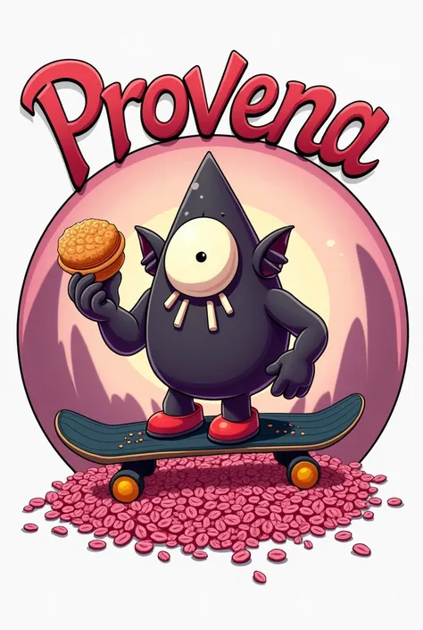 Make a logo where Bills from Gravity Falls appears holding a profiterole on top of a skateboard made of pink oats spilling out with the name above saying Provena in a circular shape