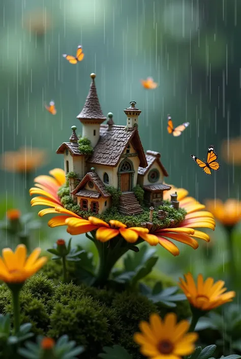 Macro image shows a little village on top of a flower with heavy rainfall, mossy oak branches, micro butterflies