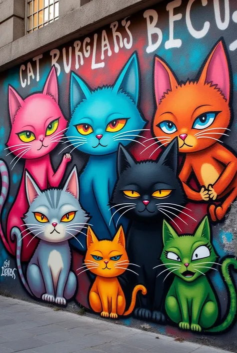 Crie um muro pichado com o tema cat burglars becos e tem que ter os gatos Gatíssima (sweet and dreamy pink cat)
Festa (modern blue cat who loves to party)
Gasone (lazy orange cat who loves to sleep)
cat burglar (smart flirtatious black cat)
Gaboso (vain se...