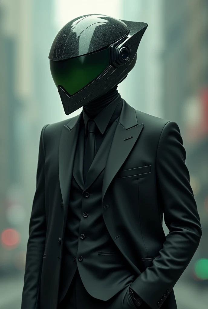 Subject wearing an elegant black suit and a black biker helmet with a more cyberpunk design on the green polarized lens