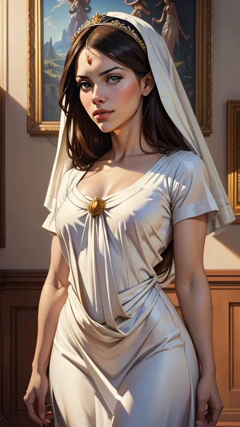 A beautiful ultra-thin realistic portrait of the Virgin Mary, white outfit with blue details, ((divinity)), full body, biblical, realistic, intricate details, by Abbott Fuller Graves, Bartolome Esteban Murillo, Jc Leyendecker, Craig Mullins, Peter Paul Rub...