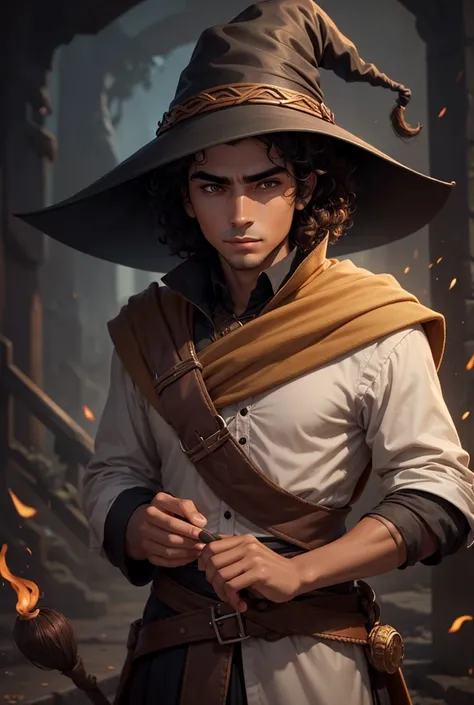 Mature young man   , Sorcerer, Witch hat , cinnamon skin color ,thick eyebrows , profiled nose ,  dark brown curly hair  , black eyes short hair, Witch hat, round profiled face 