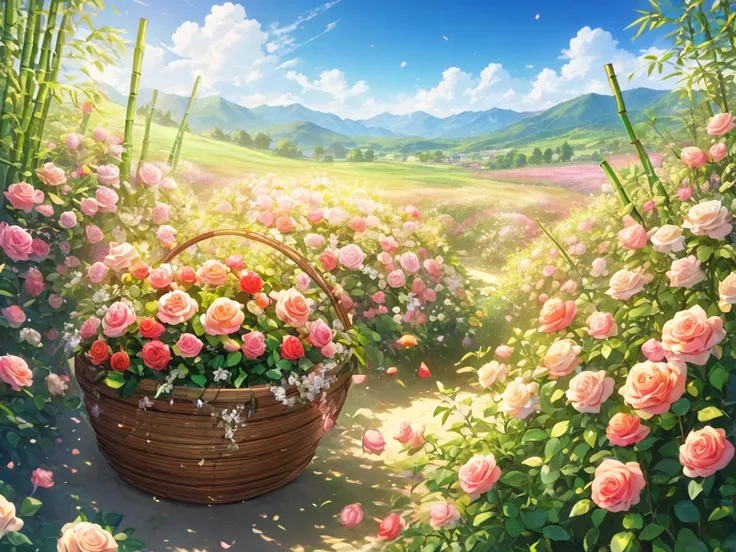 Sea of Flowers/Sea of Flowers/Sea of Flowers.The wind blows through the rose field.Spring field landscape.Close-up of colorful roses in a bamboo basket.背景是一大片彩色Sea of Flowers.Light tones.light gold color、High resolution细节、Bright and fresh colors.(Highest q...