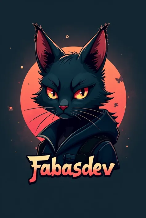 Crie uma logo tecnológica com um Jovem blacksad , blacksad, of Stone earrings, very short military style hair, with the name FabasDev and put something about Web Development