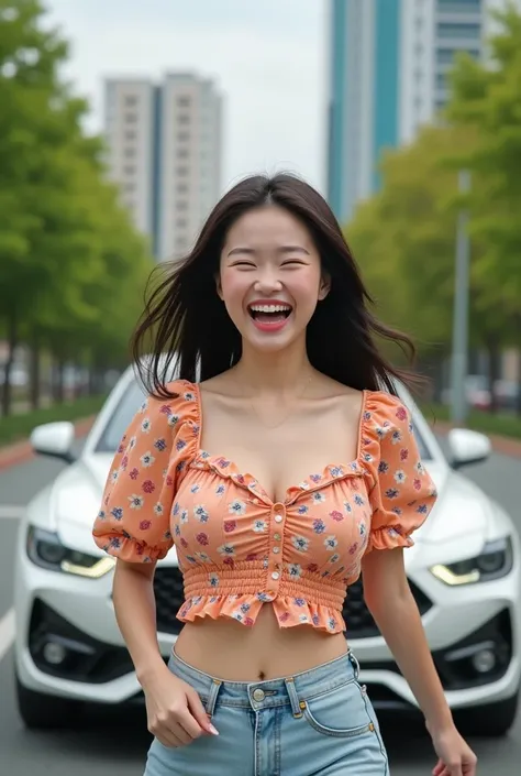 Beautiful Korean woman aged 30 years, round, round face, chubby cheeks chubby tight knit shirt, (round t-shirts are getting bigger, like a balloon about to pop), floral motif, jeans, standing in front of a luxury car, laugh a little excitedly (potret runni...