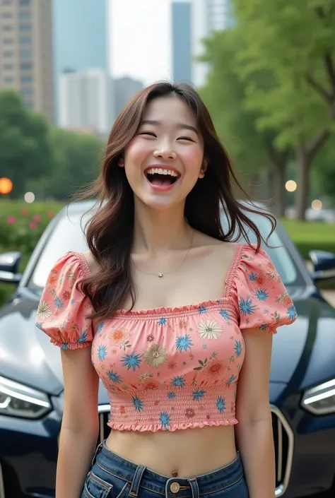 Beautiful Korean woman aged 30 years, round, round face, chubby cheeks chubby tight knit shirt, (round t-shirts are getting bigger, like a balloon about to pop), floral motif, jeans, standing in front of a luxury car, laugh a little excitedly (potret runni...