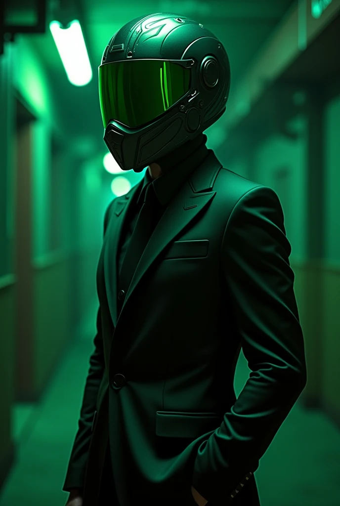 Subject wearing a stylish black and green suit and a black biker helmet with a more cyberpunk design on the green polarized lens