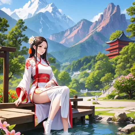 Hanfu, 1 Girl, Medium breasts, cleveage, Mountain, soaking foot, sit, Chinese Park Background,White stockings,Shimizu,(foot:1.3), Too many flowers,  