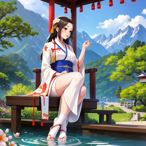 Hanfu, 1 Girl, Medium breasts, cleveage, Mountain, soaking foot, sit, Chinese Park Background,White stockings,Shimizu,(foot:1.3), Too many flowers,  