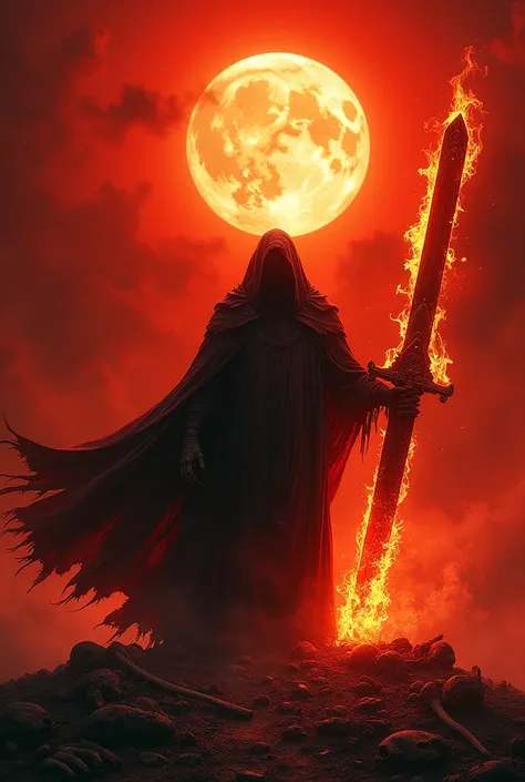 A dramatic and intense scene set against a fiery red background. In the center, a blazing sun dominates the sky, casting an ominous light. Below the sun stands a grim reaper figure, dressed in dark, tattered robes. The reaper holds a massive great sword th...