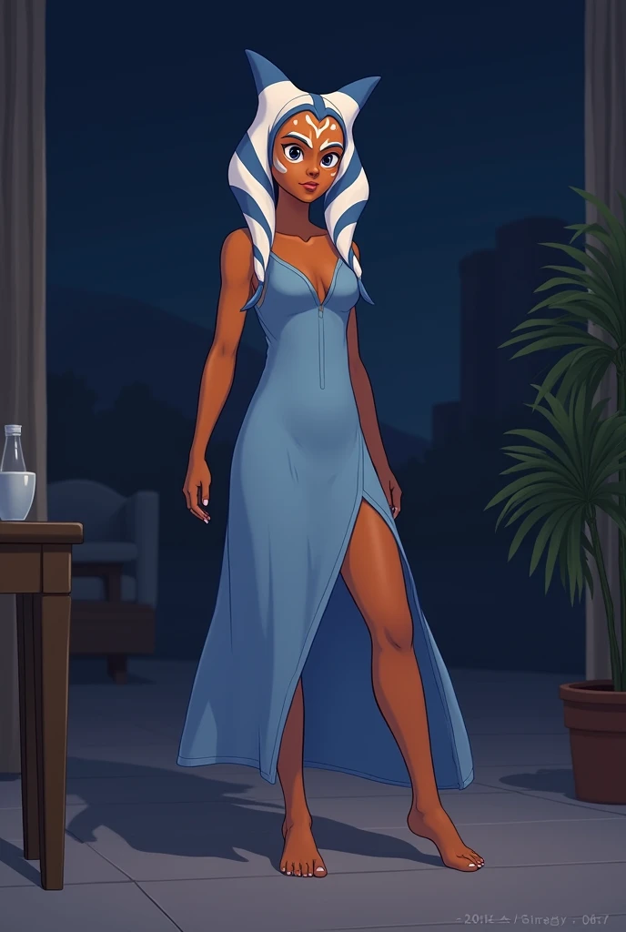 Animated ahsoka tano barefoot wearing a blue sleeveless nightie that ends at her hips.