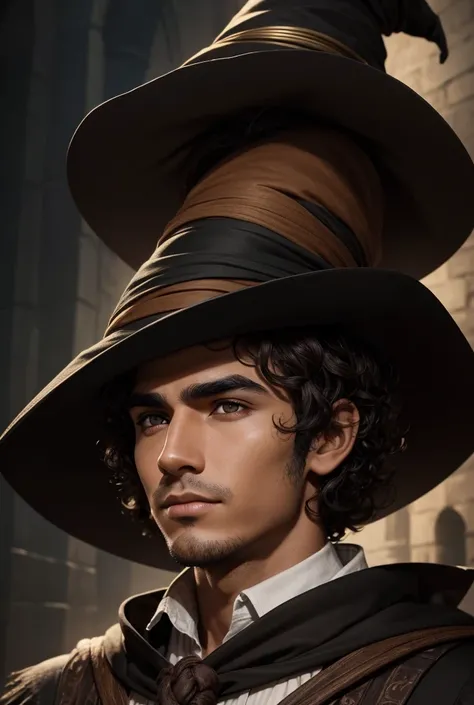 Mature young man   , Sorcerer, Witch hat , cinnamon skin color ,thick eyebrows , profiled nose ,  dark brown curly hair  , black eyes short hair, Witch hat, Round profiled face High resolution, 