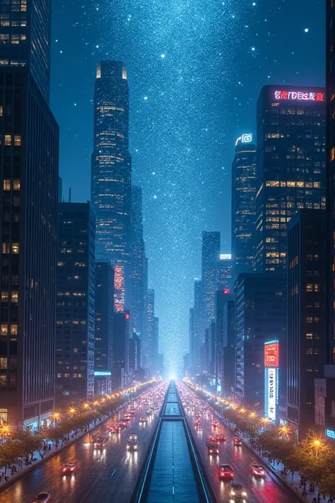 Night view of a city where diamonds are falling