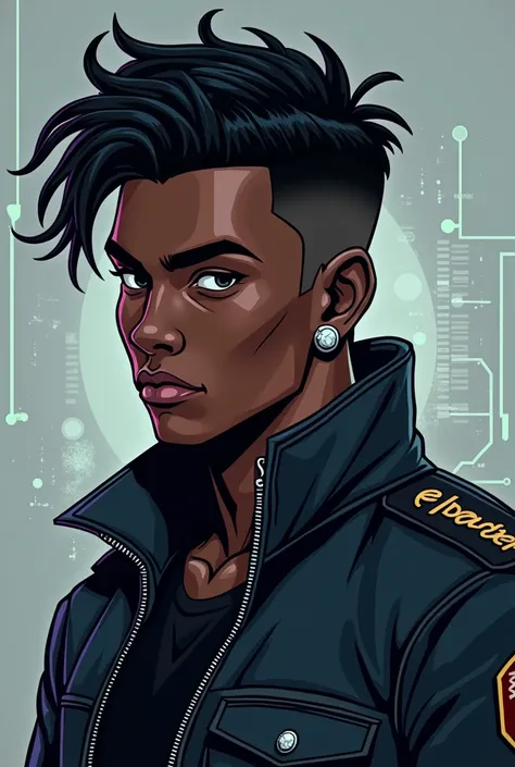 Create a tech logo with a young man with dark skin color , blacksad, of Stone earrings, military cut hair, with the name FabasDev and put something about Web Development, emphasize the name "FabasDev"