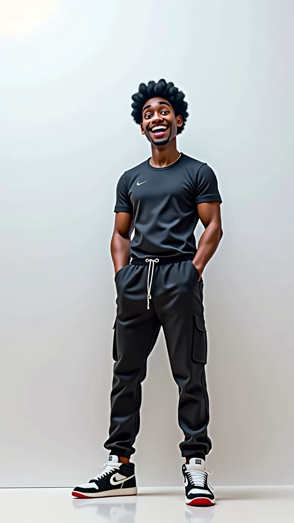 A man with brown skin, young appearance without expressions on the cheerful and smiling face, 4c curly black hair, eyes black, , height 1,75, physical appearance visible muscles, wearing a white t-shirt, black sweatpants, wearing black and white Nike sneak...