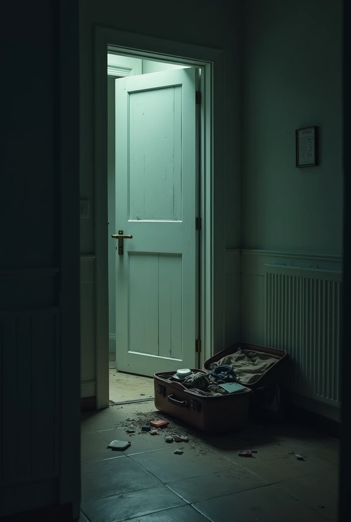 Ajar door with abandoned suitcase: A door of a house or apartment ajar, with the light from outside illuminating a suitcase abandoned on the threshold. The suitcase is partially unpacked, with some belongings sticking out, as if someone had left quickly, w...