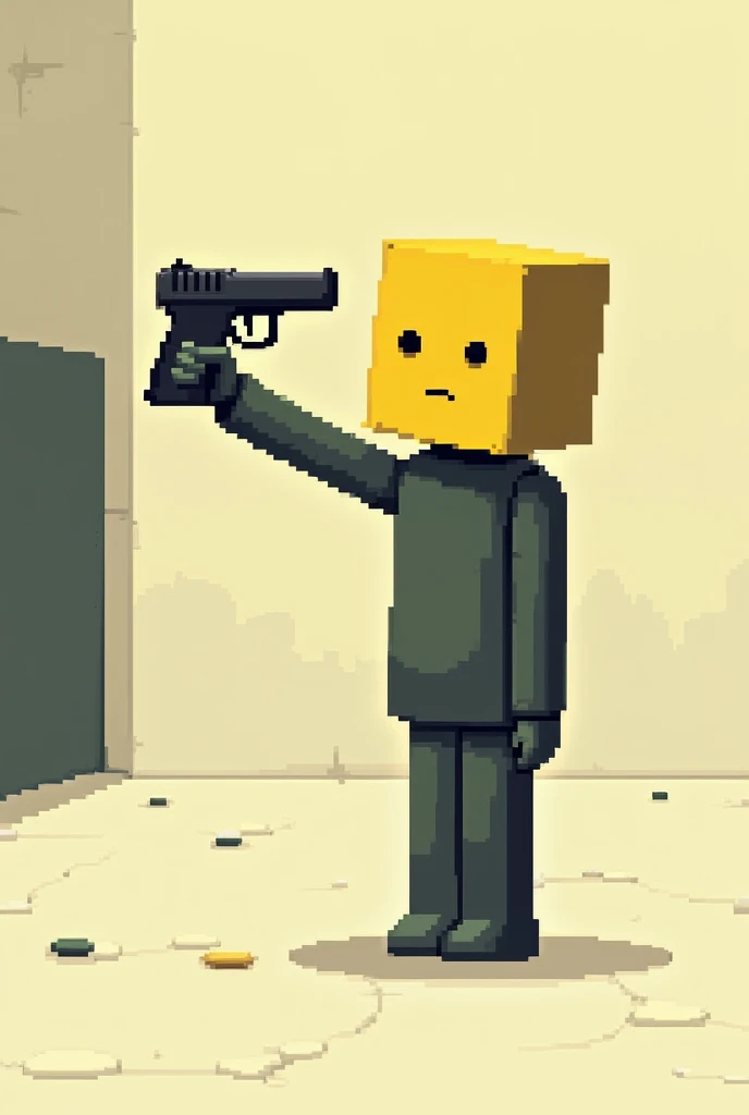 B yellow head pointing a gun at his head pixel art