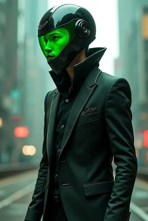 Tall, thin guy with a certain back wearing an elegant black and green suit and a black motorcycle helmet with green polarized lenses with a more cyberpunk design 