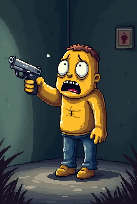 yellow face pointing a gun at his head pixel art