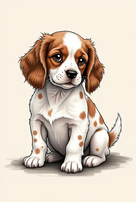 A tattoo sketch of a fat female cocker spaniel mix with light brown spots and white ears